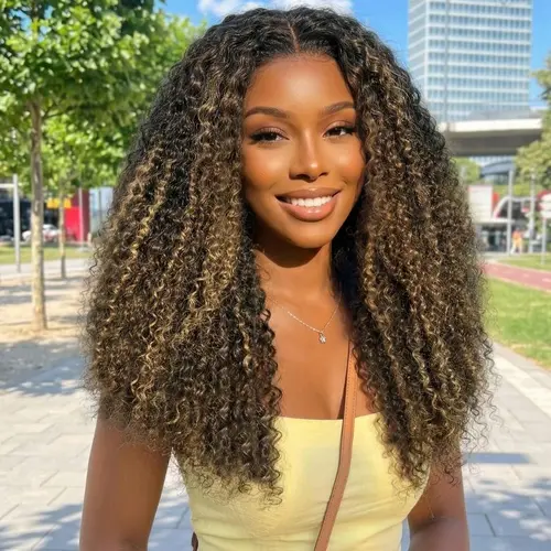 【LIVE SALE】Unice Hair Brown With Blonde Highlights 7x5 Fluffy Curly Coily Texture Glueless Human Hair Wig with Drawstring & Natural Hairline