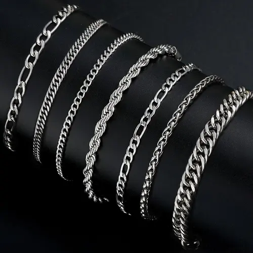 7-Piece Stainless Steel Men's Bracelet Combination Set, Stackable Bracelets, Fashion Streetwear Hip-Hop Cuban Link Chain, Birthday Gift for Boyfriend & Son, Bracelet Sets