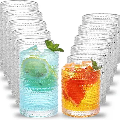 Hobnail Drinking Glasses Set of 12,10 Oz Cocktail Glasses Vintage Glassware, Textured Glass Cups Bubble Glasses Water Glasses Old Fashion Jupiter Glasses Set