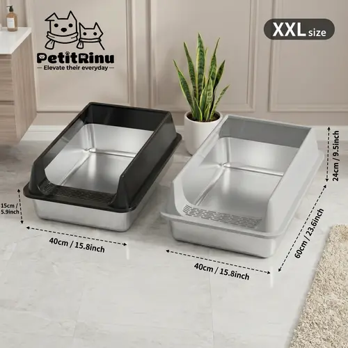 PETITRINU 304 Stainless Steel Litter Box - XL/XXL Roomy Odor-Free System with Integrated Sand Filter Pedal, Detachable High-Sided Shield, Non-Porous Easy-Clean Tray, Wall Paw Print Design, Traps Litter for Outdoor Use