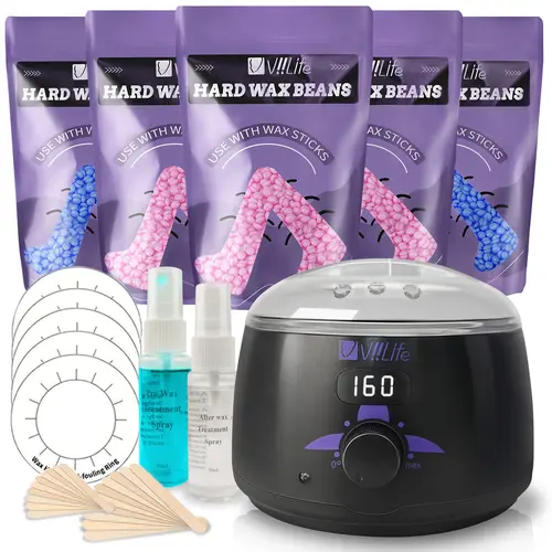 Viilife Digital Hard Wax Warmer Multi-Item Kit - At-Home Temperature Ctrl Set for Women & Men, Sensitive Skin Wax Beads, Prep & Aftercare Sprays, Body Care for Face to Legs Use, All Skin Types