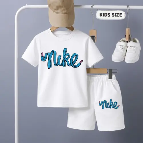 Kids' Graphic Print Short Sleeve T-Shirt and Shorts Set, Casual Summer Children's Outfit, Comfortable Crew Neck Two-Piece Set for Daily Wear, Outdoor Play and Activities