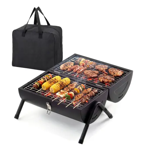 Portable Compact Black Charcoal Grill - Versatile Outdoor Cooking Equipment with Double-Side Carbon Tray, Stainless Steel Grate, Carry-Bag, Lightweight Portability, Wood Compatibility, Tabletop/Ground Use for Camping, Beach Picnics