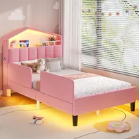 ADORNEVE Twin Size Bed Frame with LED Lights,Velvet Upholstered Platform Bed for Girls,Princess Bed with Safety Guardrail,Headboard with Charging Station & Hidden Storage,No Box Spring Needed,dorm essentials,home decor
