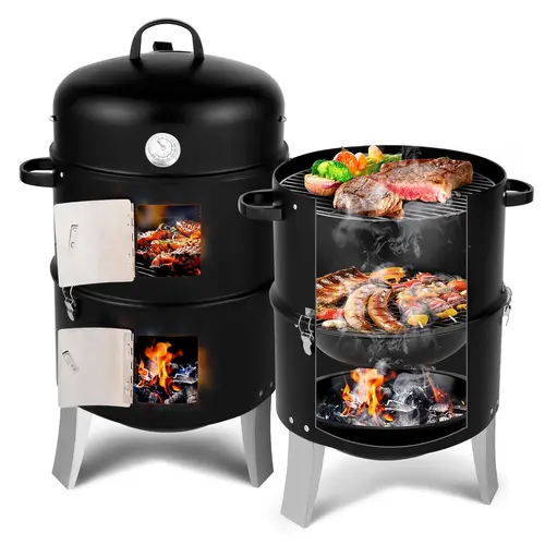 Zimtown 17-in Vertical Steel Charcoal Grill - Heavy-Duty 3-in-1 Adjustable Portable Outdoor Barbeque Cooker with Built-in Thermometer, Adjustable Barrel Grill for Backyards, Camping, Beach, Cooking BBQ Camping, Grilling Outdoor Cooking