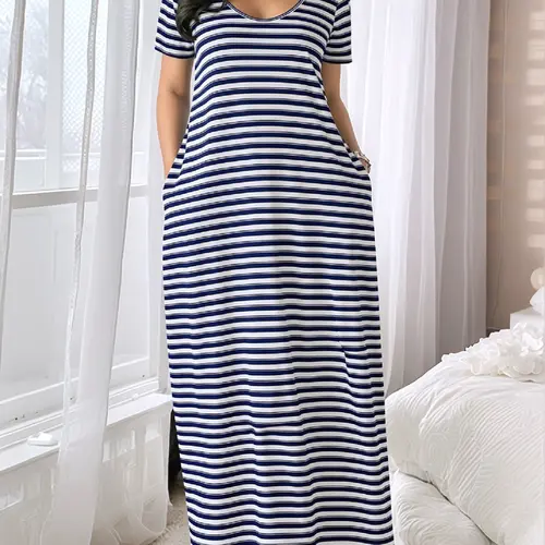 Women's Extra Long Dress, Large Round Neck Short Sleeve Striped Pocket Nightgown Chemise, Nightdress Pj, Loungewear House Dress, Comfortable Casual Everyday Style, Soft Fabric, All Seasons, Nightwear