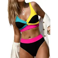 Aleumdr Women's High Waisted 2-Piece Cut-Out Bikini Set - V-Neck Crop, Quick Dry Soft Stretch Supportive Fabric for Vacation, Beach Party