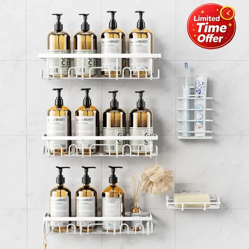 Benazcap Shower Caddy 3/5 Pack Stainless Steel Rustproof Adhesive Organizer with Soap & Toothbrush Holder No Drilling for Bathroom Kitchen Home Bathroom Gadgets Bathroom Organizer Accessories