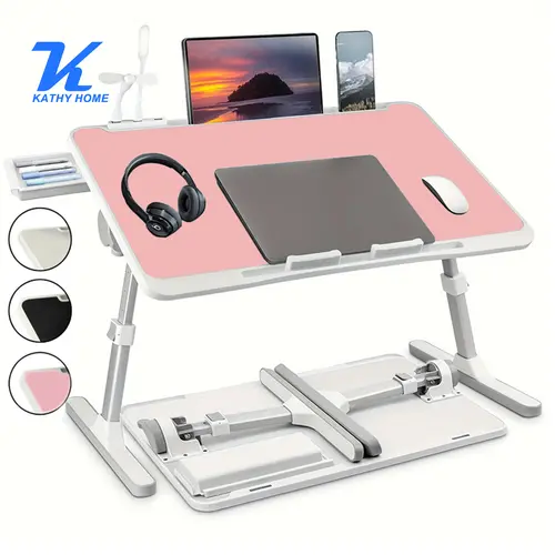KATHY HOME Adjustable Modern Portable Lap Desk - Wood Frame Laptop Stand Bed Tray with Large Surface, 3 USB Ports, Mini Fan, Light, Foldable Design, Storage Drawer, Cup Holder, Easy Storage, Mother's Day Gift, Sofa Portable Lap Trays