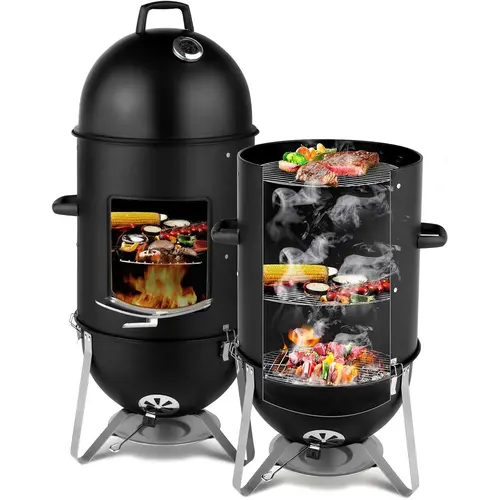 18.8-Inch Vertical 18/8 Steel Barbecue Smoker - Heavy-Duty 3-in-1 Portable Outdoor BBQ Charcoal Grills with Built-In Thermometer for Backyard, Camping Outdoor BBQ
