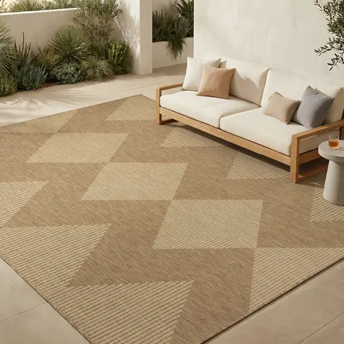 MontVoo Boho Modern Flat Weave Earth Tones Geometric Print Rug, Ultra Durable, Easy to Clean, Pet-Friendly, Quick Dry Low Maintenance Indoor/Outdoor Carpet for Balcony/Patio & Living Room Decor