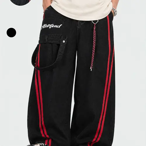 TELLFUN- Y2K Retro Red Stripe Baggy Barrel Jeans High Waist Cargo Pocket Streetwear Denim Pants with Embroidery & Drawstring pull and bear