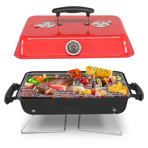 20'' Portable Charcoal Grill with Thermometer & Handle, Metal Compact Tabletop BBQ Grill, Outdoor Cooking Barbecue for Camping Travel Picnic Patio