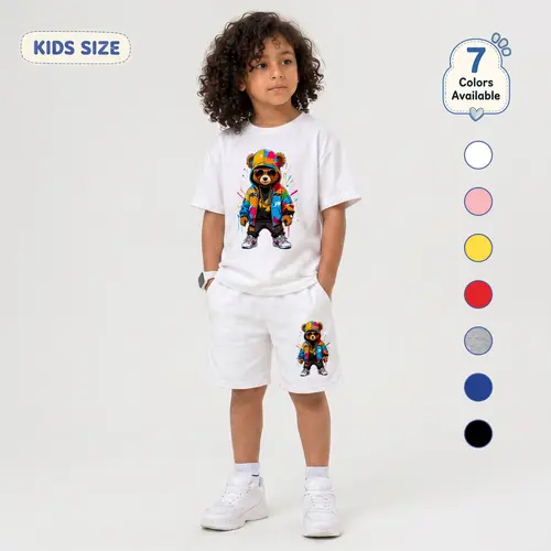 Children's Street Style Teddy Bear Print Short-Sleeve T-Shirt And Shorts Set, Casual Summer Two-Piece Outfit With Crew Neck Top And Elastic Waist Shorts For Daily Wear And Outdoor Play