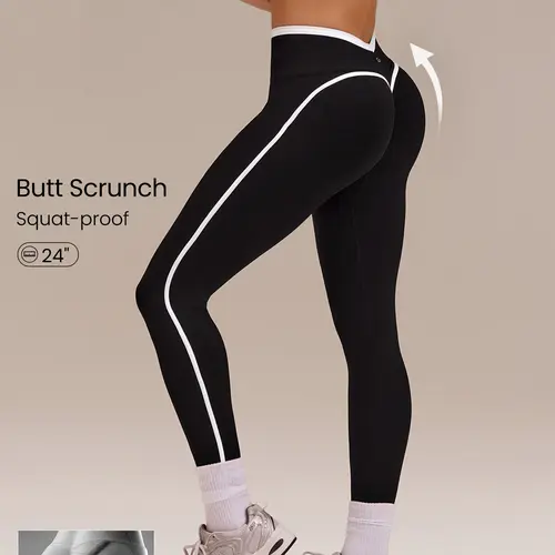 GLOWMODE 24" Ultrafine Soft Seamless V-Waist Contoured Invisible Scrunch Bum Contrast Seams Non-See-Through Leggings Running Workout Gym