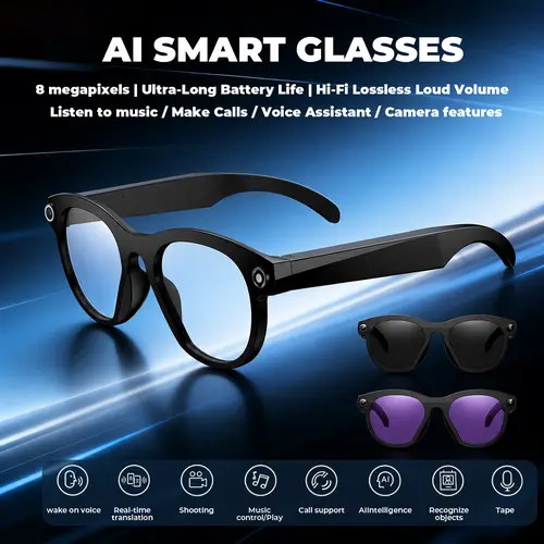 Adaptive Smart Glasses - Portable AI Wearable Smart Device, 8MP Photochromic Tinted Lenses, Button Touch Adjustment, Hands-Free Photo/Video Recording, 160+ Languages Real-Time Translation, Bluetooth Wireless, UV+Blue Light Eye Care, for Travel Outdoor Use