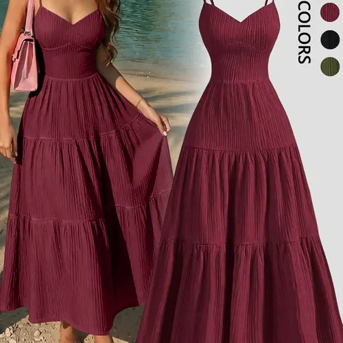 Elegant Plain Long Flowy Summer Dress with Thin Straps and Layered Ruffle Waist, Casual Fitted Women's Clothing, Lightweight and Comfortable Dress, Casual Wear