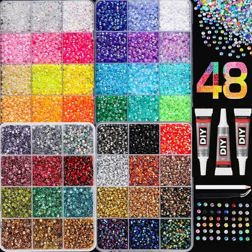 48-Color Nail Art Rhinestones Set with Glue Tool, Sparkling Ab Flat Back Gems,nail charms DIY Craft Decor, Mother's Day Gift, 3mm Resin Crystals, Nail Decoration Supplies