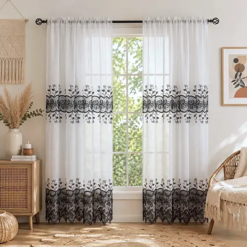 2-Panel 52"x84" Macrame Embroidery Linen Texture Rod Pocket Curtains, Classic European Floral Pattern Window Drapes, Curtains for Bedroom, Living Room Home Decor FT555 Summer Gift #SummerVibes