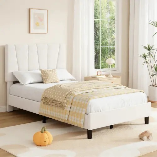 SA-Garvee Twin Size Bed Frame with Adjustable Headboard, Velvet Upholstered Bed Frame with Double Platform and Strong Wooden Slats, Mattress Base, No Box Spring Needed, Easy Assembly