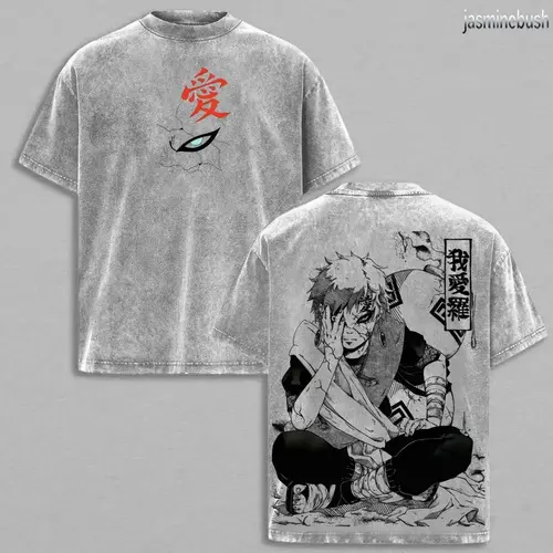Men's Naruto Gaara Printed Art T-Shirt, Unisex Retro Loose-Fitting Vintage Washed Heavyweight Cotton Short-Sleeve Round-Neck Raglan Sleeve Streetwear Top, Tops