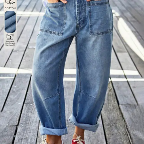 Women's Plus Size Curvy Fashion Washed Curved Denim Pants, Four-Season Versatile Comfy Denim Jeans, Stylish Casual Loose and Comfortable Fit, Pocket