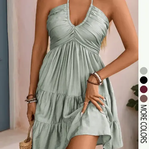 Women's Summer Halter Neck Tie Back Sundress, Boho Styles Fashion Shirred Back Tiered A-Line Mini Dress, Casual Beach Outfit, Backless Bow Closure Chic Fashion Womenswear