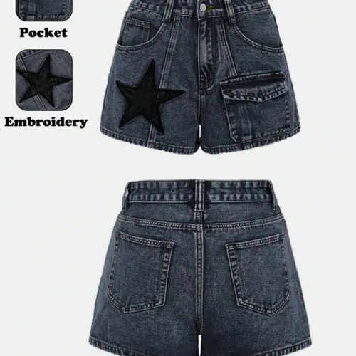 New Summer Women's Denim Shorts, Large Pockets Star Embroidery Design, High-Waisted Slim Fit Casual, Perfect for Streetwear and Vacation, Button Fly Shorts