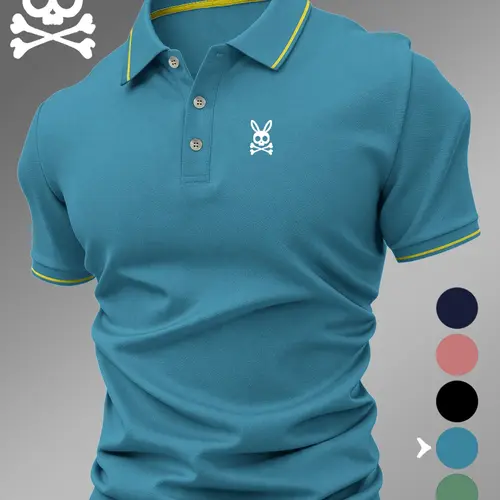 Men's Casual Breathable Skull Rabbit Print Summer Polo Shirt, Elastic Comfortable Durable High-End Polo Top, Buttoned Polo Shirt, Collared Polo Shirt #GLOBAL PICKS