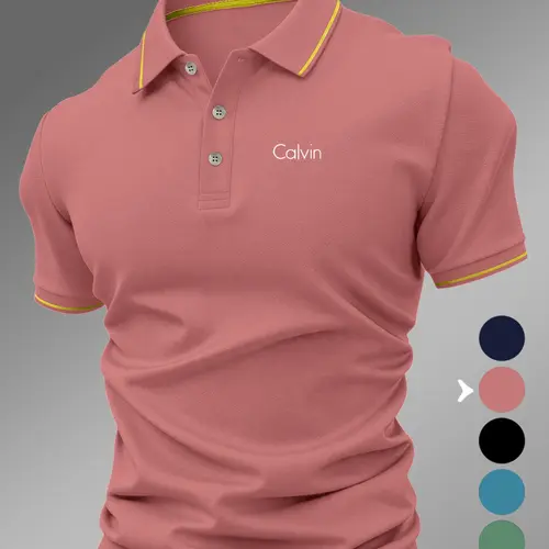 Lb5030 Classic Calvin Logo Print Men's Polo Shirt, Short Sleeve Polo, Menswear, Top, Fitted Geometric Pattern, Casual Style, Breathable and Comfortable, All-Season Wear
