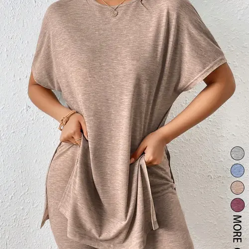 2pcs/Set Women's Summer Casual Minimalist Solid Color Round Neck Batwing Sleeve Side Slit T-Shirt And Matching Shorts Set, Basic Loose Fit Set,Comfortable and Stylish for Daily Wear, Perfect for Relaxing at Home or Leisure Activities, Outfit, Clothes