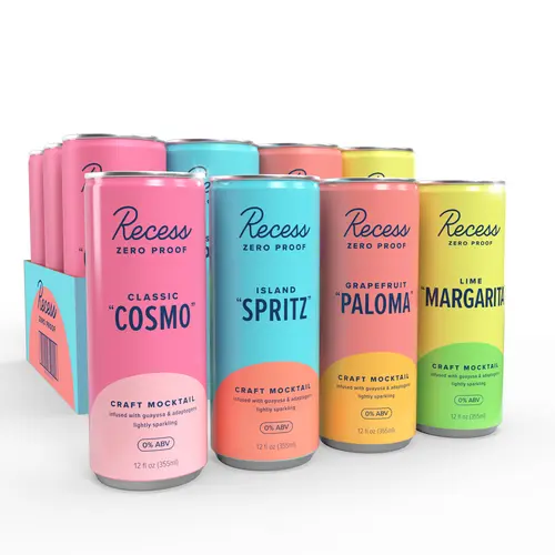 Recess Zero Proof Craft Mocktails, Alcohol Free Drinks, With Adaptogens, Non-Alcoholic Beverage Replacement, Mixer, Celebration, Party, (Happy Hour Sampler, 12oz, Pack of 12)