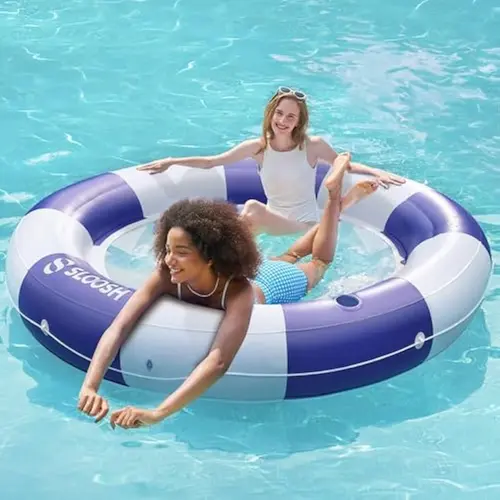 SLOOSH Inflatable Pool Lounger Float with Mesh, 80" x 80" Tanning Pool Floats, Double Lounger Round Ring for Adults, Floating Mat Raft for Lake and Beach with Cup Holder (Navyblue Strpie)