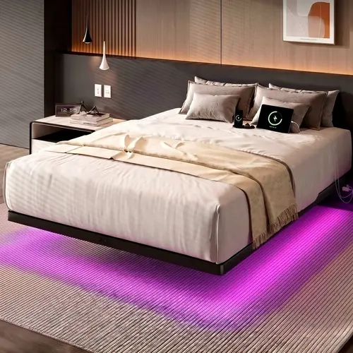 【SohoChic】ONBRILL LED Floating Bed Frame, Queen Bed Frame with Power Outlet, Heavy Duty Metal Platform Bed Frame, Easy Assembly, No Box Spring Needed, Noise-Free, Bedroom Furniture, Stylish Furniture,dorm essentials,home decor