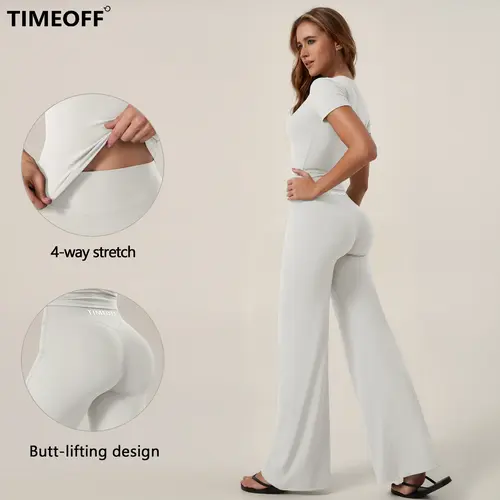 TimeOFF Women's 2-Piece Short Sleeve Workout Set - Fitted Crop Top & High Waist Wide Leg Pants, 4-Way Stretch Soft Fabric, Butt-Lifting Sculpt Seam, Tummy Control, Non-Ride Up, Breathable, Ideal for Yoga, Gym, Women's Clothes, 2 Piece Sets, Woman 2 Piece,