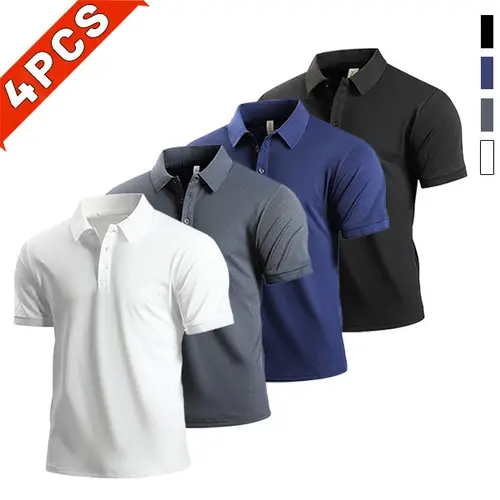 Men's 4-Piece Solid Short-Sleeve Polo Shirt Set, Vibrant Dopamine Colors, Heavyweight Structured Fabric, Skin-Friendly Durable Fit, Suitable for Golf & Casual Occasions