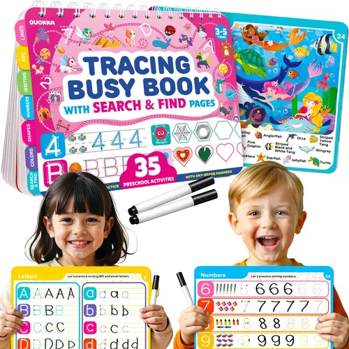 QUOKKA Fantasy Dry Erase Workbook for Toddlers 3-6 - Unisex Preschool Learning Kit, Toddler Gifts, Educational Tool with Letter Tracing, Number Tracing, Markers, Search & Find for Travel Quiet Time, Alphabet