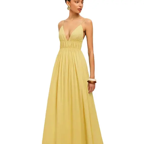 Yousify Women's Deep V-Neck Sleeveless Spaghetti Strap Ruched Flowy Maxi Dress, Plain Minimalist Basic Casual Wear, Beach Sundress for Summer Beach-to-Brunch Ready Outfits