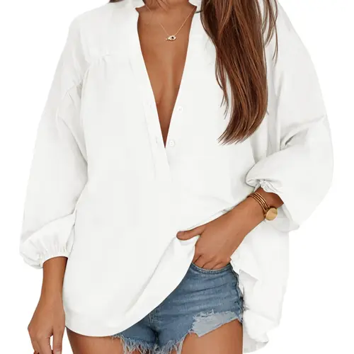 Yousify Womens V Neck Button Down Shirts 3/4 Length Sleeve Blouses Casual High Low Hem Tunics Loose Fit Tops,back to school,back to school shopping,clothes for back to school,first day of school outfits