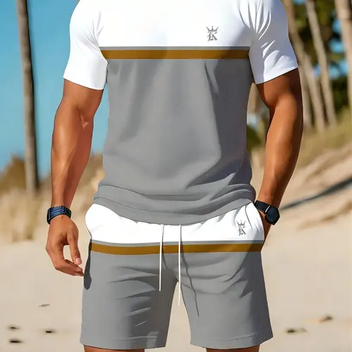 Men's Colorblock Shirt and Shorts 2-Piece Set, Summer Casual Sporty Set Outfit, Beachwear