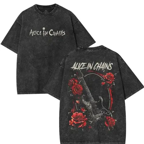 Men's Alice In Chains Art Washed Heavy Cotton Round Neck Graphic Tee - Vintage 90s Oversize Menswear Short-Sleeve Casual Top for Rock Concerts, Grunge Aesthetic, Men's Graphic Tees, Shortsleeve