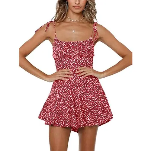 Cicy Bell Women's Boho Floral Wide Leg Short Romper Spaghetti Strap Smocked Jumpsuit with Adjustable Strappy and Ruffle Hem - Womenswear
