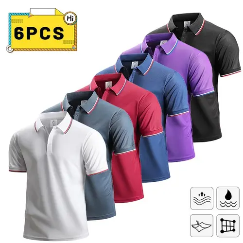Men’s 6-Pack Short-Sleeve Polo Shirts - Vibrant Dopamine Colorways, Contrasting Details, Moisture-Wicking Knit Fabric, Breathable, Cooling - Ideal for Everyday Commuting, Breathable Polo Shirts, Cooling Polo Shirts