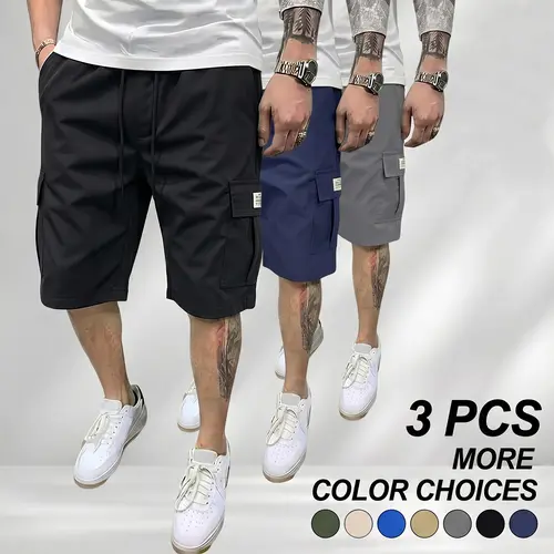 3-piece set of men’s fitted workwear shorts - casual summer drawstring color-blocked shorts that are lightweight and breathable, featuring diagonal insertion and multiple pockets; multifunctional for daily wear, beach, and fitness.Men’s fitted shorts; a