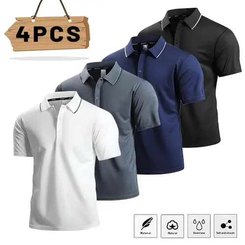 Men's Short-Sleeve Polo Shirts (4-Pack), Solid Color, Soft Breathable Skin-Gentle Fabric, Loose Fit, Refined Dignified Look, Multiple Shades Available, Ideal for Everyday Outings