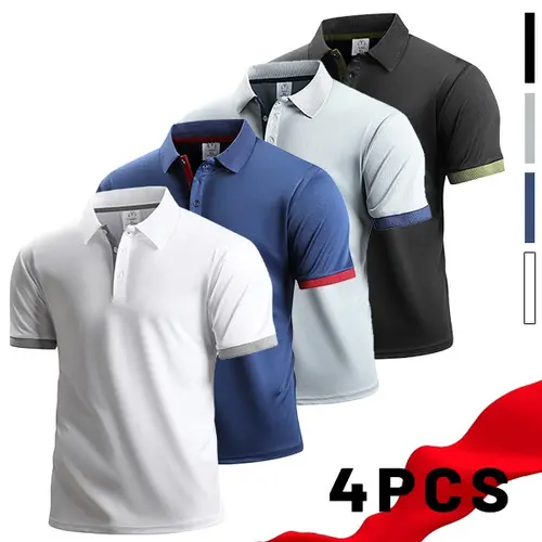 Men’s 4-Pack Short-Sleeve Polo Shirts - Minimalist Solid Color with Contrasting Details, Sharp Notched Collar, Breathable Knit Fabric for Comfort, Skin-Friendliness, Moisture Management - Suitable for Daily Commutes