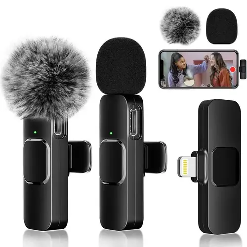 Professional Wireless Lavalier Microphone for iPhone iPad Android, 2 Pack Noise Canceling Crystal Clear Recording Car Mounted Mic for Live Streaming