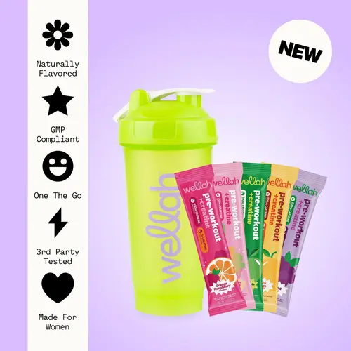 Wellah Pre-Workout + Creatine Sample Pack - 6 Juicy Flavors & Green Shaker Bottle | Energy & Recovery Fitness Supplement with 200mg Caffeine & 3g Creatine Beverage Fruit