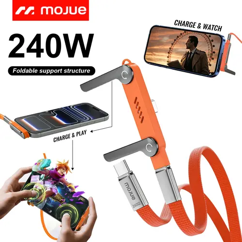 MOJUE Invisible Folding Holder Charger Cable, 240W PD Fast Charging USB-C to USB-C 5FT Cable with 360° Adjustable Metal Stand, Charger for Smartphone & Electronic Devices, Ideal for Gaming, Office Use