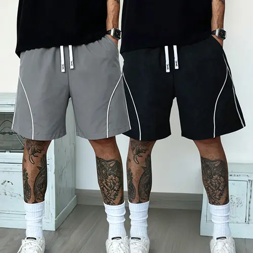 2-pack men’s summer straight-leg athletic shorts—fashionable street style, versatile casual loose fit with drawstring, color-block design; suitable for everyday wear and workouts.